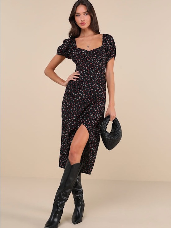 Lulus Dresses & Skirts - Lulus Compelling Flirt Black Floral Lace-Up Puff Sleeve Midi Dress Size S NWT